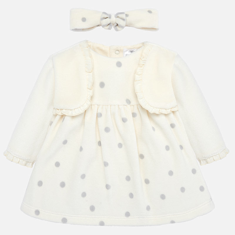 Baby Girl Soft Velour Polka Dot Cotton Dress with Attatched Trimmed Bolaro Top and Matching Bow Headband