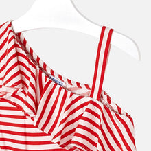 Girls Striped Playsuit with Ruffles on Neckline and One Shoulder, Elasticated Waist and Tie Belt