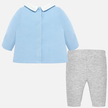 Baby Boys Knitted set, Long Sleeved Top with Collar, Dettailed Car Motif and Front Pockets with Long Trousers in contrasting Colour.