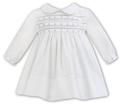 Girls Long Sleeved Dress with Delicate Embroidered Detail to Chest, Peter Pan Collar and Sleeves