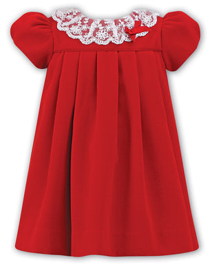 Girls Short Sleeved Velvet Dress with Delicate Embriodered Lace and Ribbon Detailed Neckline