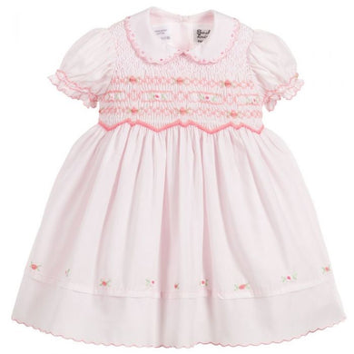 Hand Smocked and Embroidered Short Sleeved Dress with Peter Pan Embroidered Scalloped Trim Collar and Hemline