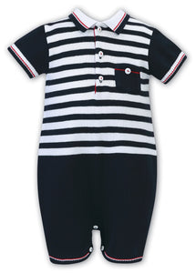 Baby Boys Cotton All in One, Polo Shirt Style Stripped Top with Chest Pocket and Contrasting Trim, Plain Short with Trim