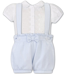 Girls 2 Piece Set, Broderie Anglaise Short Sleeeved Blouse with Peter Pan Collar, Fine Stripped Shorts with Straps,Frill and Bow Detail.