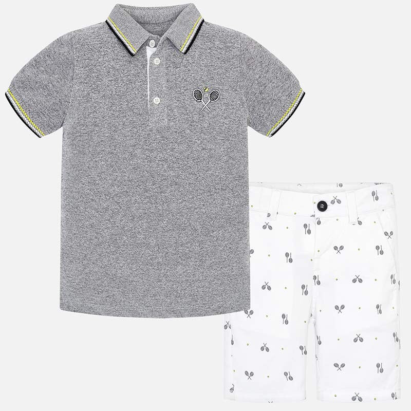 Boys Short Sleeved Polo Shirt with Contrasting Trim and Logo and Printed Bermuda Shorts Set