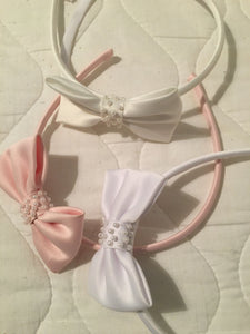 Girls Fabric Covered Comfort Headband with Large Side Bow and Gem Detail on Band