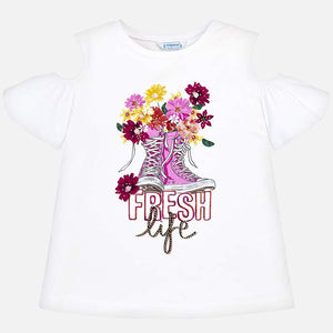 Girls Open Shoulder and Ruffled Short Sleeved T-Shirt, Detailed Floral Design on Front. (Perfect with 6501-039)