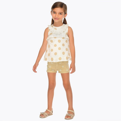 Girls Polka Dot Round Neck Sleeveless Blouse with Zip Back Fastening Matched with Soft Cotton 5 Pocket Shorts with Applique Detail  2 Piece Set