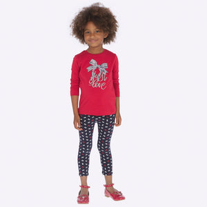 Girls Leggins Set in Soft Stretch Cotton, Detailed Jewel Designed Front with Long Sleeves and Laces Print Designed Leggings