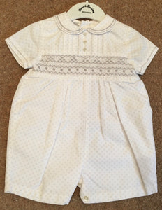 Baby Boys Hand Smocked, Embriodered and Button Detailed Short Sleeved Romper with Peter Pan Collar