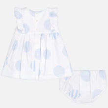 Baby Girls Sleeveless Polka Dot Dress with Matching Knickers. Round Neck with Frill and Applique Bow Detail