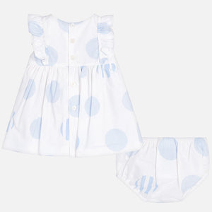Baby Girls Sleeveless Polka Dot Dress with Matching Knickers. Round Neck with Frill and Applique Bow Detail