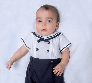 Boys Sailor Style Short Sleeved Shorts Set, Contrasting Trim, Button and Bow and Front Pleated Detail. Button on ShortsNavy/White
