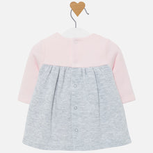 Baby Girls Long Sleeved Dress Fine Knit Scollaped Top with Contrasting Skirt with Applique Hearts and Bow Detail. Lined Grey/ Pink