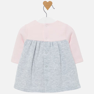 Baby Girls Long Sleeved Dress Fine Knit Scollaped Top with Contrasting Skirt with Applique Hearts and Bow Detail. Lined Grey/ Pink