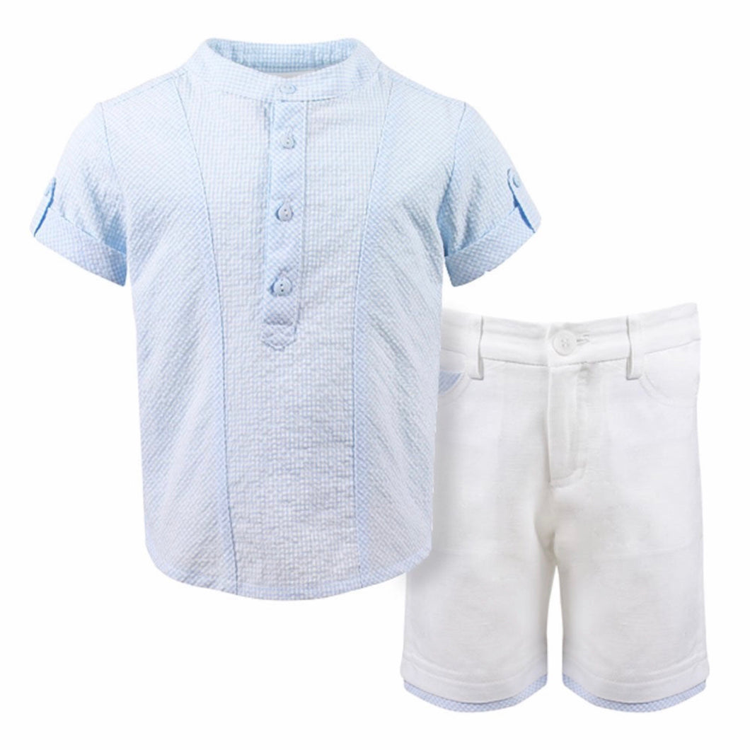 Short Sleeved Shirt with Grandad Collar in Small Checked Fabric and Plain Shorts with Contrasting Detail to Pockets