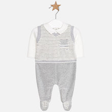 Baby Boys Velour Romper Suit with Feet. Sewn in Shirt and Striped Detailed Overtop.
