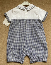 Baby Boys Short Sleeved Romper, Gingham Fabric with Crisp Cotton Detailed Stitched Top. Peter Pan Detailed Collar