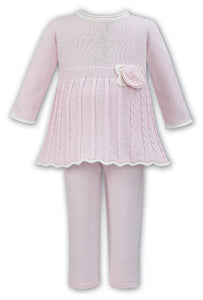 Baby Girls Knitted Trousers Set with Cable Knitted Long Sleeved Top with Detailed Knitted and Pearl Centred Flower