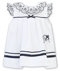Girls Dress with Embroidered Detailed Collar, Cap Sleeves and Pocket, Ribbon and Bow Trim on Waist Ribbon Trim on Hemline