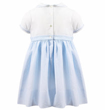 Girls Short Sleeved Dress, Crisp Cotton Smocked annd Embroidered Detailed Top, Gingham Skirt with Button Detailed Waist