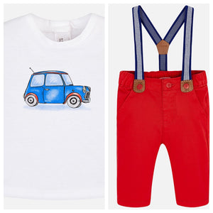 Baby Boys Cotton Trousers with Braces and Short Sleeved Print Detailed T-Shirt