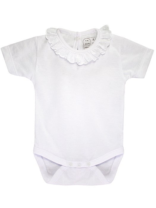Baby Girls Short Sleeved Body Vest with Beautiful Frill Collar. Super Soft Cotton in Gift Box