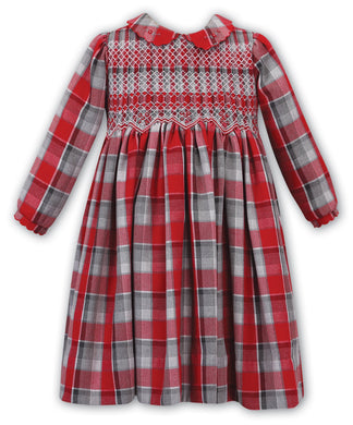 Long Sleeved Dress with Peter Pan Embriodered Collar, Traditional Hand Smocking and Embroidery Detail. Checked Fabric
