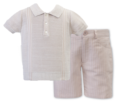 Boys Fine Knit Short Sleeved Polo Shirt with Contrasting Panel Detail, Stripped Shorts with Pockets and Adjustable Waist