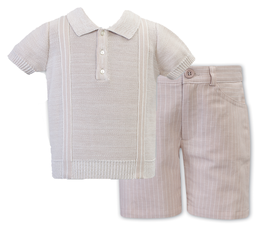 Boys Fine Knit Short Sleeved Polo Shirt with Contrasting Panel Detail, Stripped Shorts with Pockets and Adjustable Waist