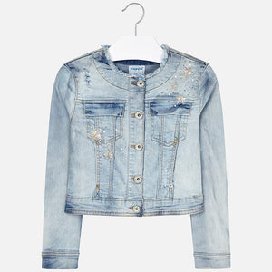 Girls Bleached Applique Denim Jacket, Decorated with Studs and Gems, Round Neck with 2 Breast Pockets
