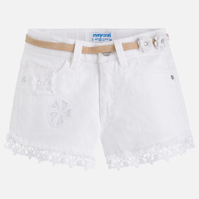 Girls White Denim Lace Detailed Shorts with Belt