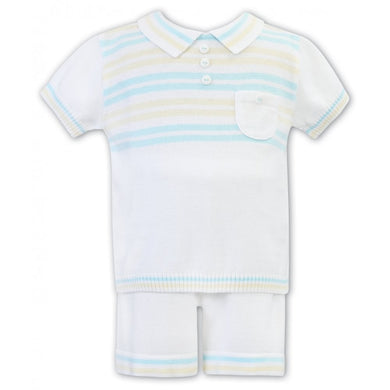 Baby Boys Fine Knit, Short Sleeved Shorts Set, Striped Detailed Top and Trim, Breast Pocket with Button Detail