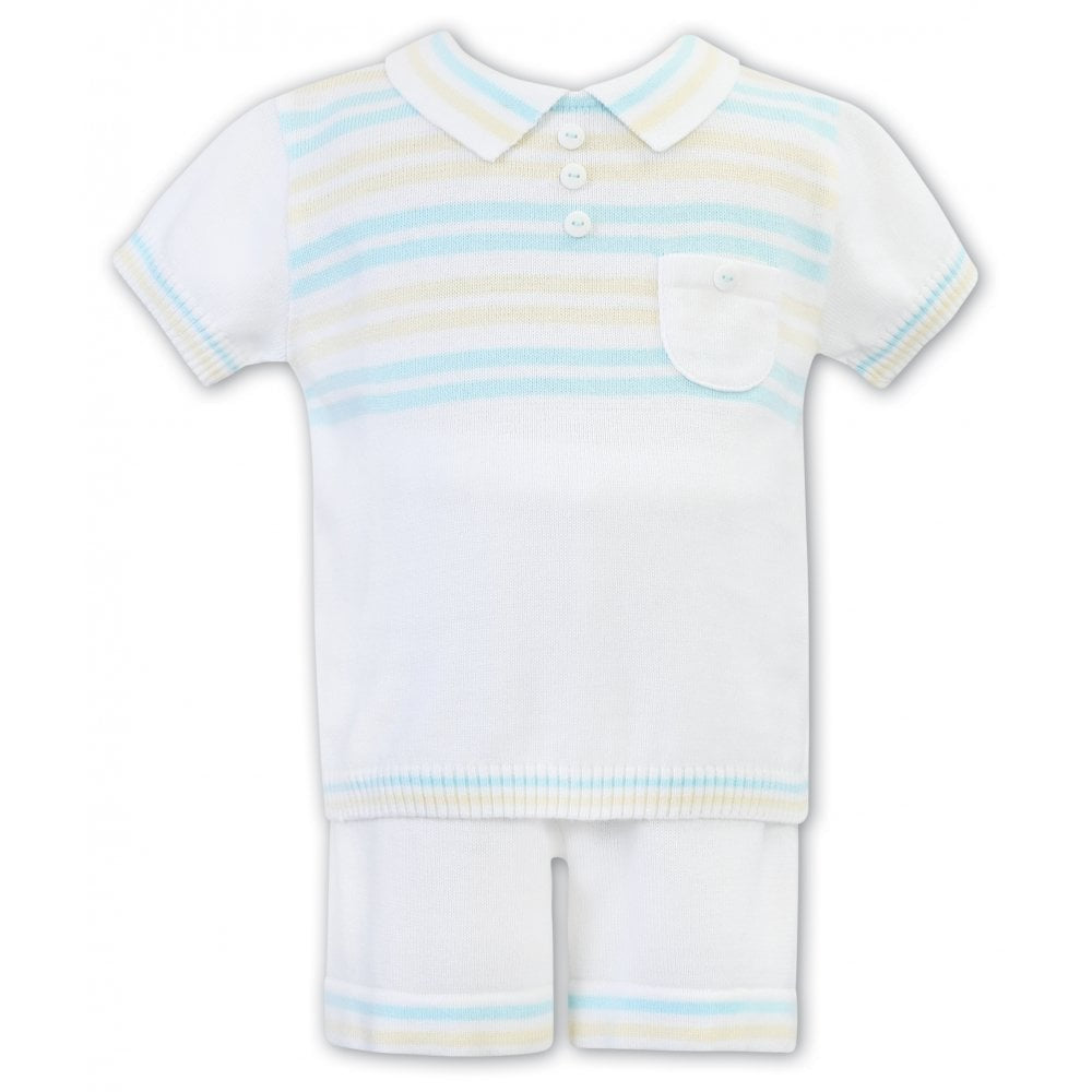 Baby Boys Fine Knit, Short Sleeved Shorts Set, Striped Detailed Top and Trim, Breast Pocket with Button Detail