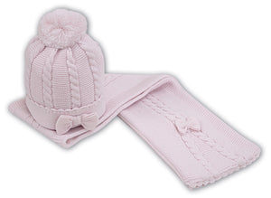 Baby Girls Chunky Cable Knit Pom Hat and Scarf Set with Knitted Bow Detail on Front of Hat