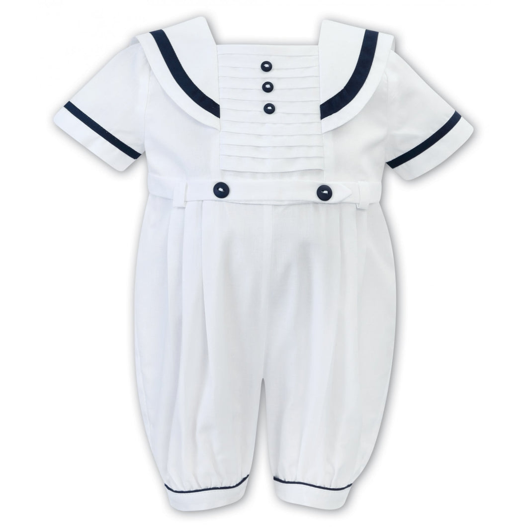 Baby Boys Sailor Style Short Sleeved Romper Detailed Pleated Front Panel with Contrasting Trim and Buttons