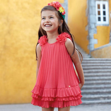 Girls Delicate Flowing Pleated Chiffon Dress with Decorative Ruffles on Strappy Sleeve and Layered Hemline