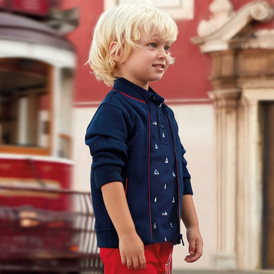 Boys Round Neck Jacket with Front Pockets, Logo and Detail on Left Sleeve