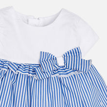 Baby Girls Short Sleeved Dress with Plain top and Stripped Embroidered Skirt with RuffledWaistline and Applique Bow with Matching Pants