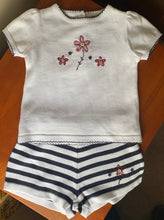 Girls Fine Knit Set, Stripped Elasticated Shorts, Short Sleeved, Round Neck T-Shirt with Applique Embroidery