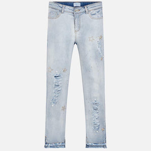Girls Bleached, Skinny, Ripped Effect Denim Jeans with Applique, Stud and Gem Detail, Elasticated Waist, 5 Pockets
