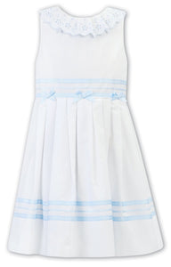 Girls Sleeveless Dress with Embroidered Detailed Collar, Ribbon and Bow Trim on Waist Ribbon Trim on Hemline