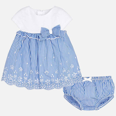 Baby Girls Short Sleeved Dress with Plain top and Stripped Embroidered Skirt with RuffledWaistline and Applique Bow with Matching Pants
