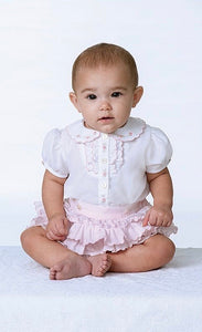 Beautiful Frilly Jam Pants with Delicate Embroidered Short Sleeved Button Front Blouse with  Peter Pan Collar