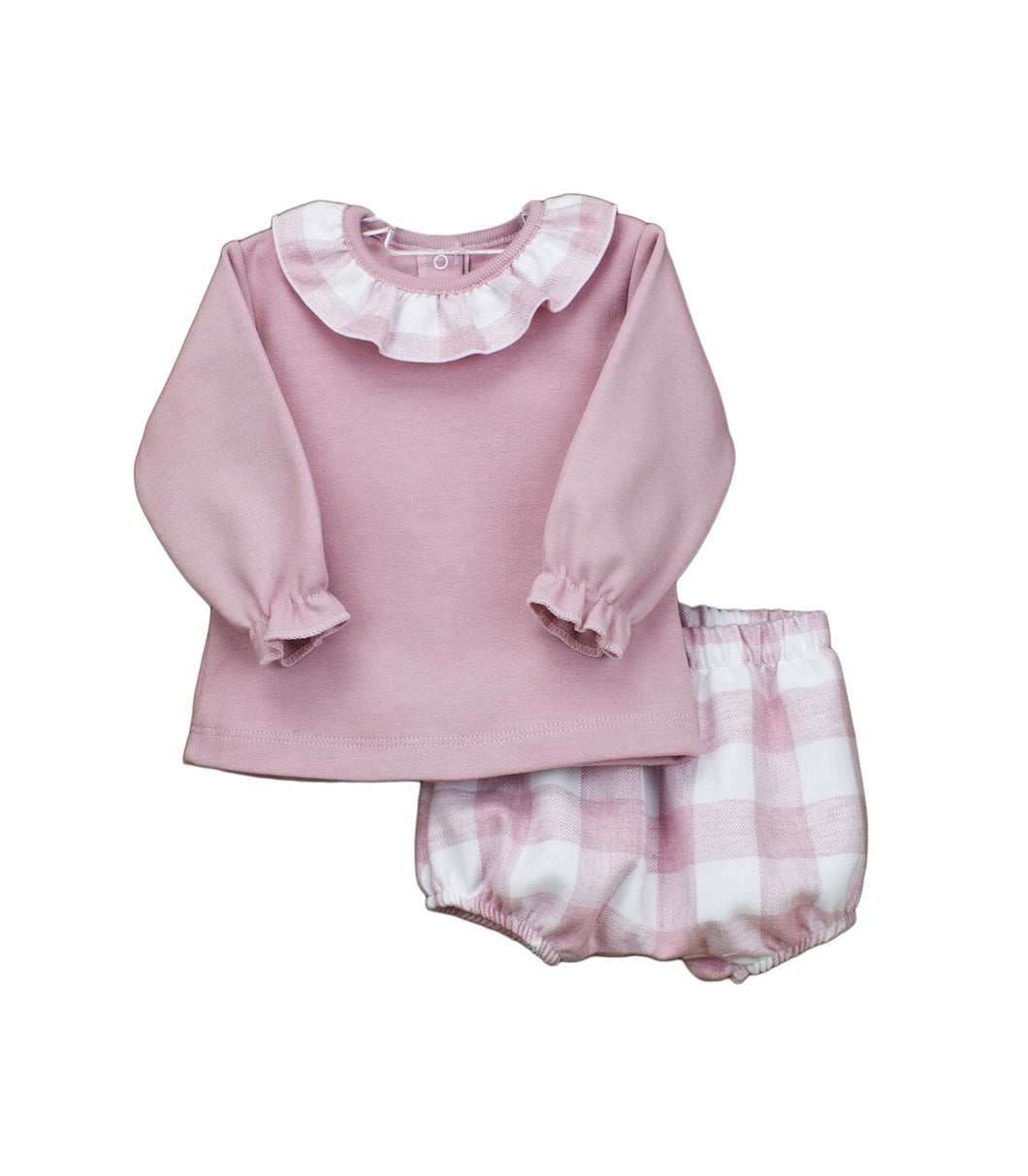 Baby Girls 2 Piece Shorts Set, Plain Long Sleeved Top with Contrasting Checked Fabric Frilled Collar with Checked Jam Pants in Soft Fabric