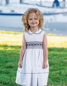 Traditional Hand Smocked Sleeveless Girls Dress with Embriodered Detailed Bodice and Trim on Collar and Hemline