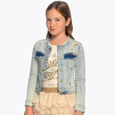 Girls Bleached Applique Denim Jacket, Decorated with Studs and Gems, Round Neck with 2 Breast Pockets