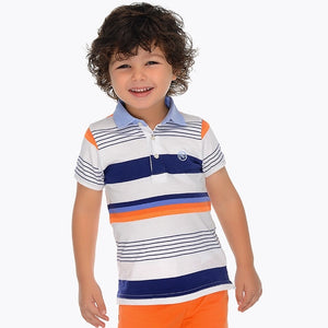 Boys Short Sleeved Striped Polo Shirt with Contrasting Chambray Collar