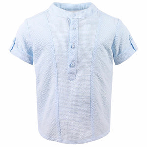 Short Sleeved Shirt with Grandad Collar in Small Checked Fabric and Plain Shorts with Contrasting Detail to Pockets
