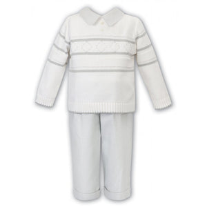 Boys 2 Piece Set, Fine Checkered Trousers with Long Sleeved, Knitted Detailed Jumper, Contrasting Fabric Peter Pan Collar